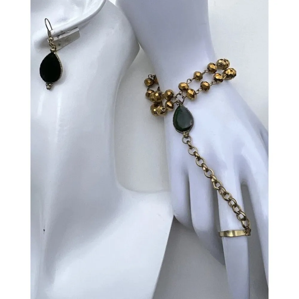 Vintage Green resin earrings bronze resin earrings matching bracelet Sz 7" Glass Gold - Image 8