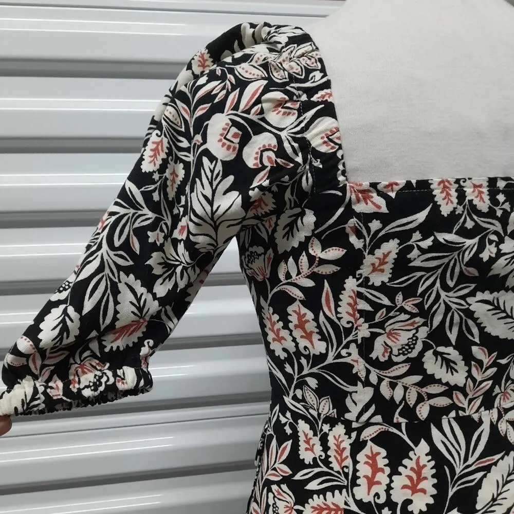 BCBGMAXAZRIA Dress Womens 0 Black White Floral Linen Blend Button Front Midi - Image 6