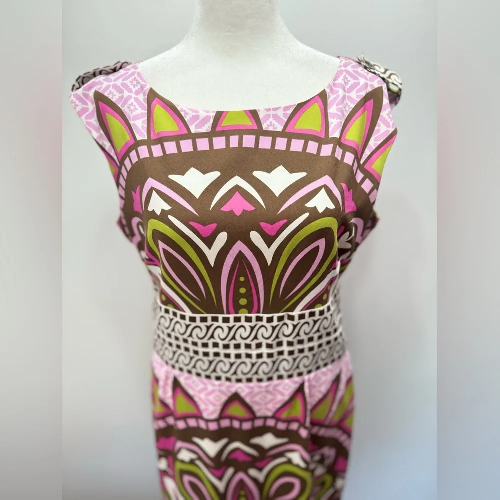 Nicole Miller Sleeveless Pink Lime Brown & Ivory Boho Medallion Print Dress 10 - Image 6