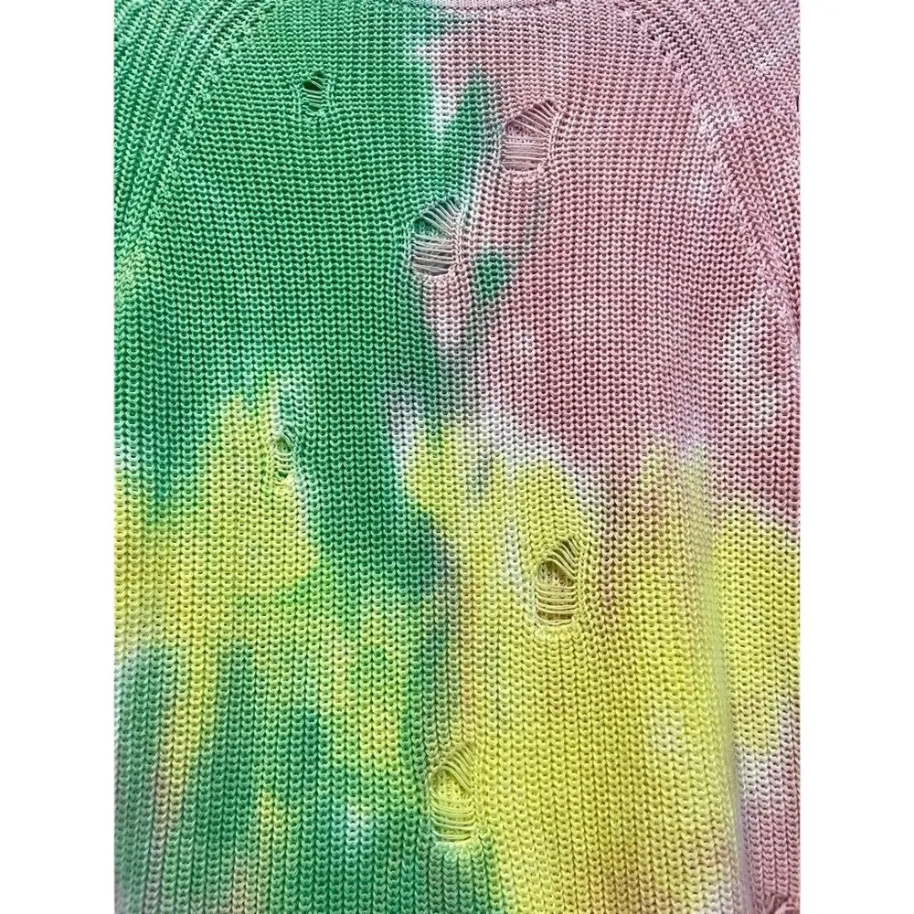 Cotton by Autumn Cashmere‎ Tie Dye Distressed Crew Knit Baby Pink Sweater Small - Image 2