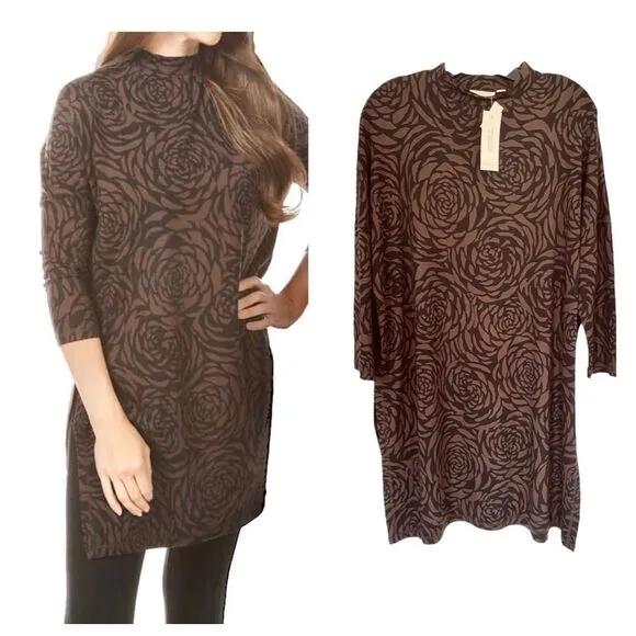 Masai Copenhagen Floral 3/4 Sleeve Mock Neck Tunic Sz L Brown Size L - Image 2