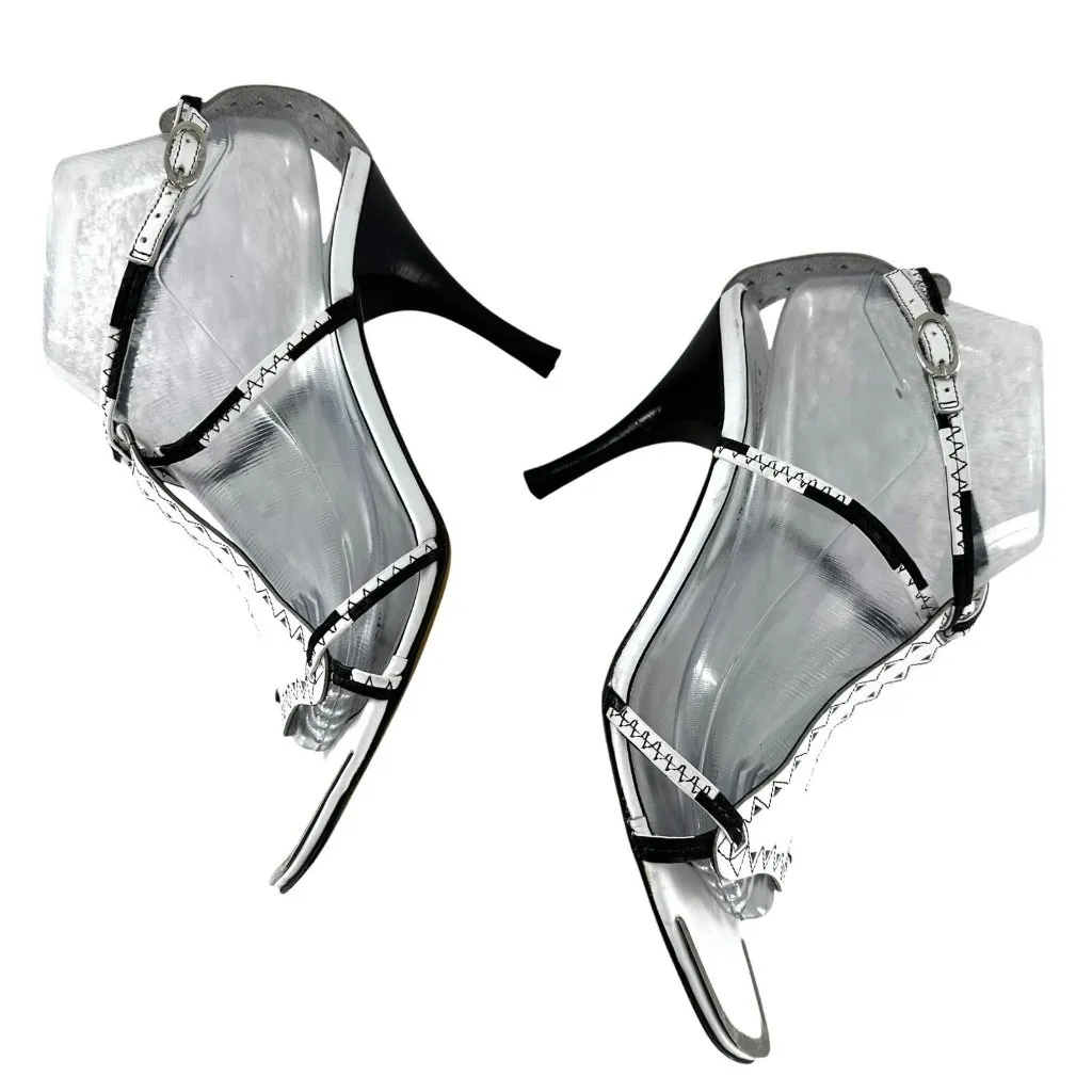 Stuart Weitzman Netta White and Black Leather Cut Out Sandals Heels Size 9 M - Image 5