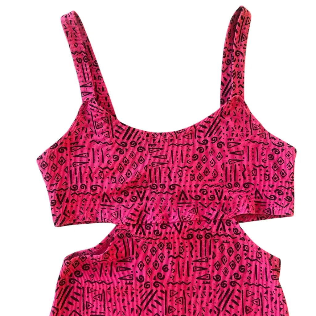Y2K Material Girl Midi Bodycon Pink and Black Patterned Cutout Dress Ribbed - Image 2