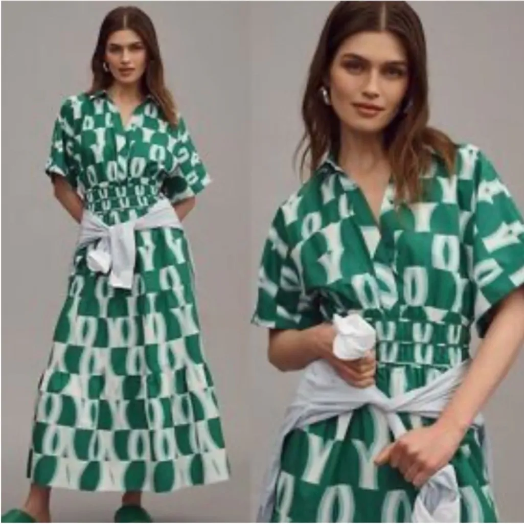 ANTHROPOLOGIE The Somerset ShirtDress in Green Geometric Print size M Petite - Image 6