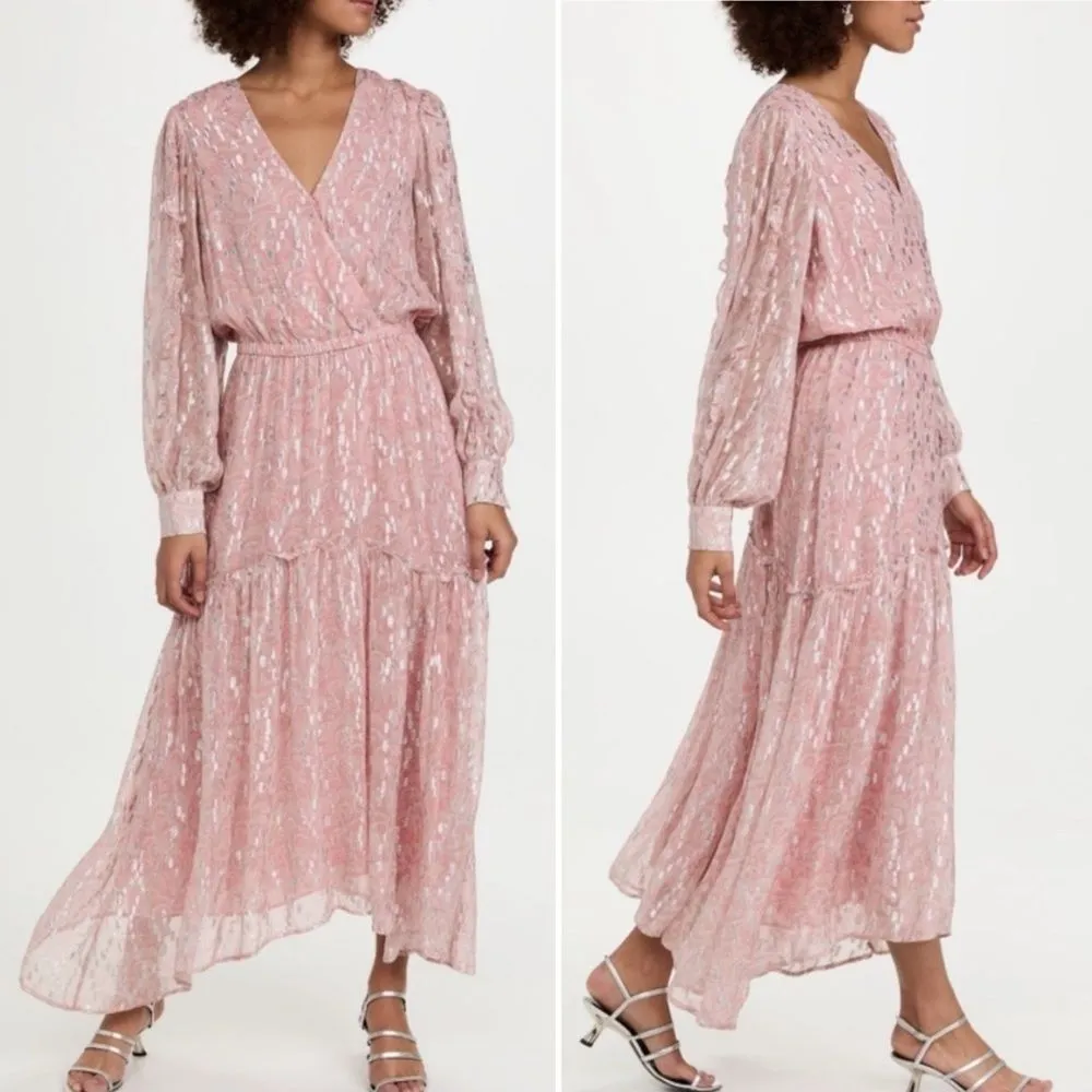 Ramy Brook Ora Metallic Print Maxi Dress Soft Pink Silver Size Small Long Sleeve - Image 2