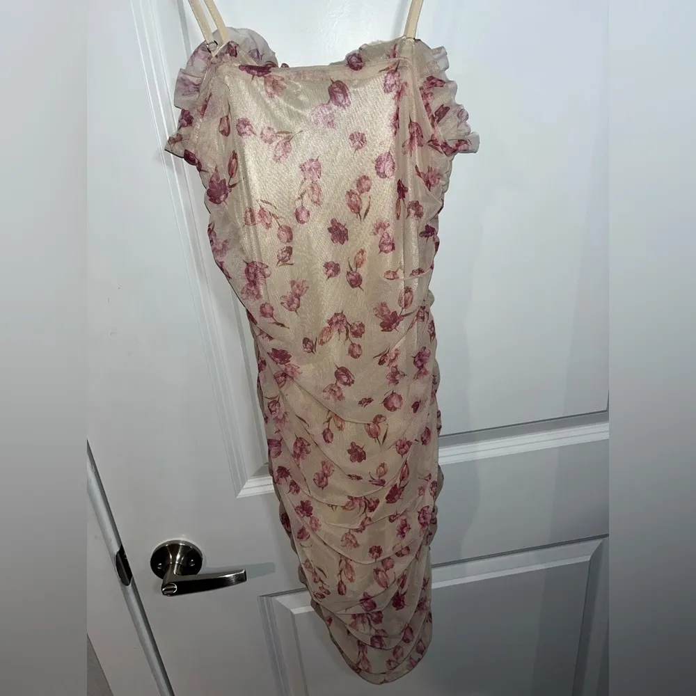 S.Betro Floral Romatic Vintage Aged Ruched Meshed Lace Up Front Dress  Size M - Image 9
