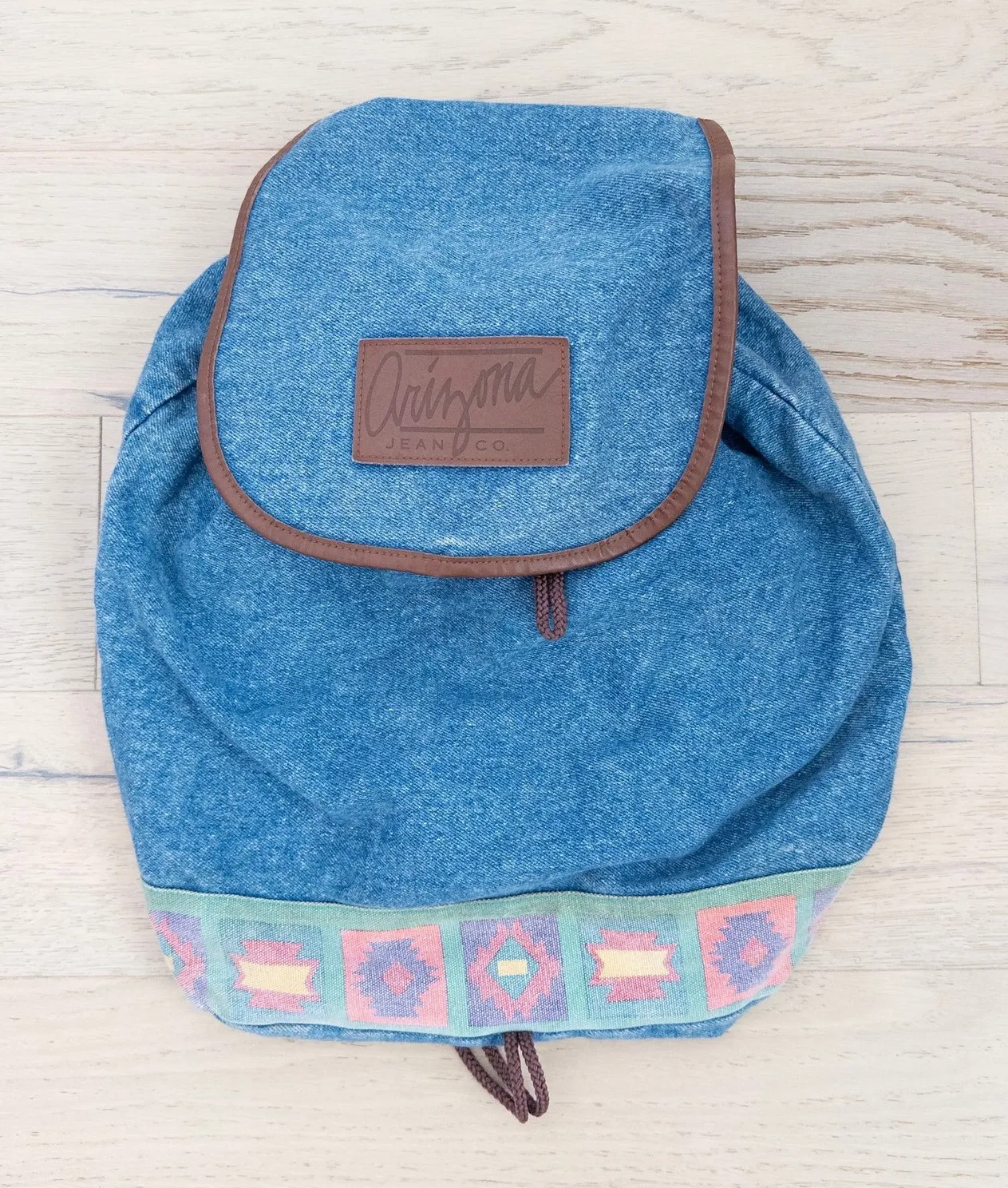 VTG Arizona Denim Backpack Southwestern Tribal Print Flap Top Casual Americana - Image 1