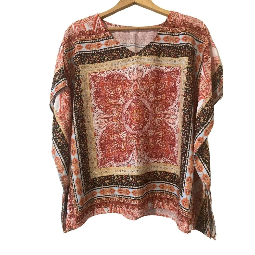 Women's BOHO Hippy Caftan Top Tunic Orange Yellow Pullover Size Small EUC V Neck - Image 2