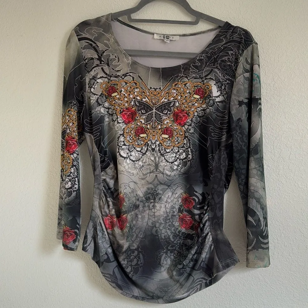 IQ Paris y2k butterfly graphic side rouched blouse Gray Size L - Image 2