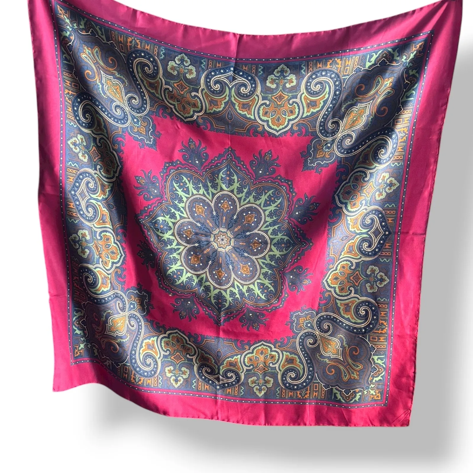 Vintage Made in England Pure Silk Paisley Scarf Burgundy Green Gold Square Wrap Red - Image 4