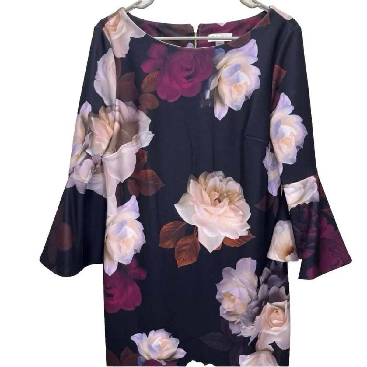 Calvin Klein Black Pink Floral Bell‎ Sleeve Stretch Crepe Sheath Dress Size 4 - Image 4
