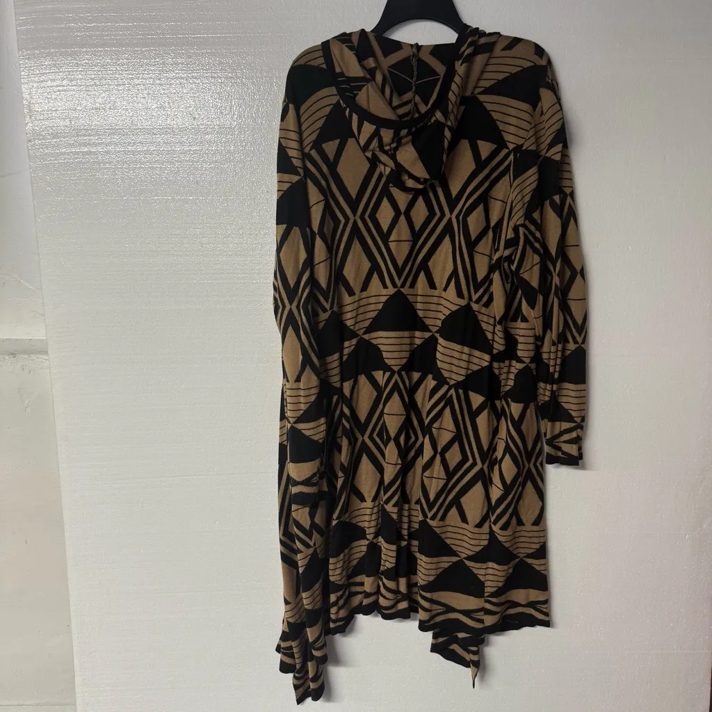 Avenue Cardigan Women 18/20 Tan Black Hooded Open Front Long Geometric Print - Image 6