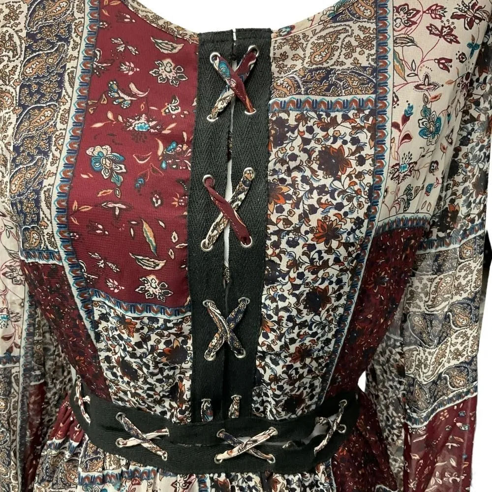 Hommage Women's Patchwork Long Sleeve Mini Dress Size Medium‎ Red Black Tan - Image 3