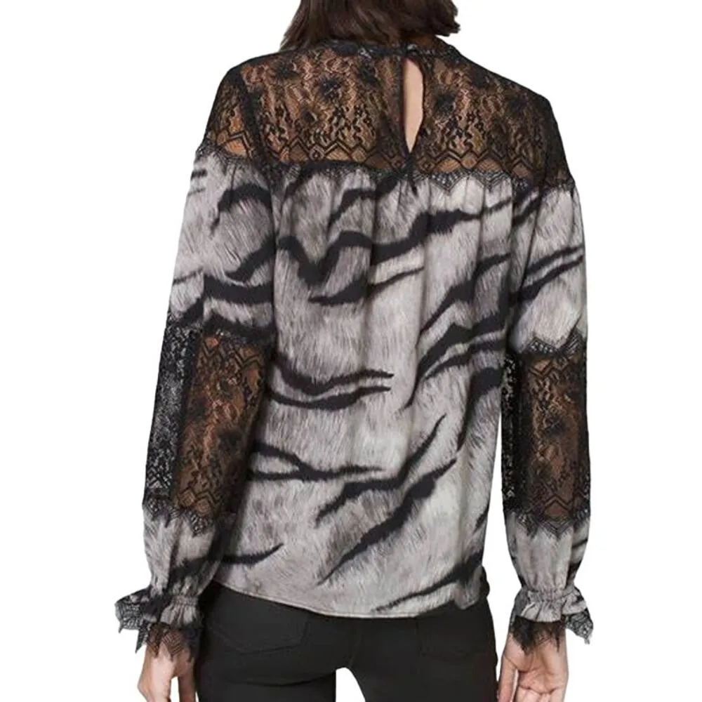 NWT ~ WHITE HOUSE BLACK MARKET Black Lace Yoke Tiger Blouse Boho WHBM ~ Size XS - Image 2