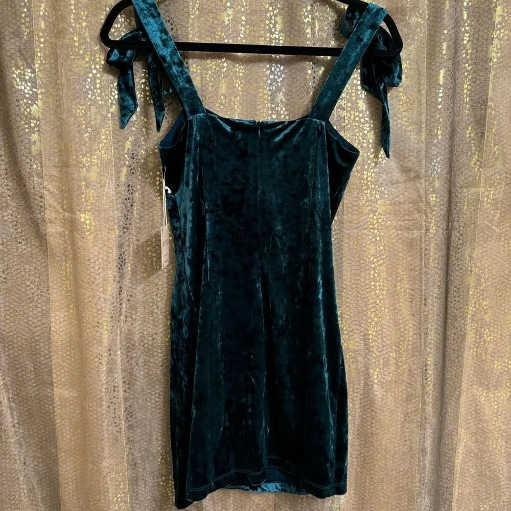 Forever 21 Forest Green Velvet Tie Shoulder Hook Eye Mini Dress S NWT - Image 2