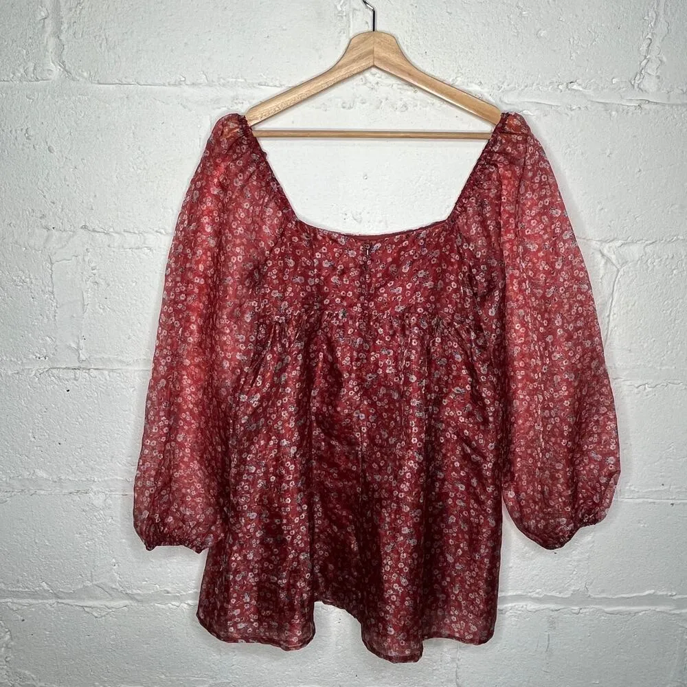 Altar'd State Women's Balloon Sheer Sleeves Floral Janey Dress Burgundy Medium - Image 4