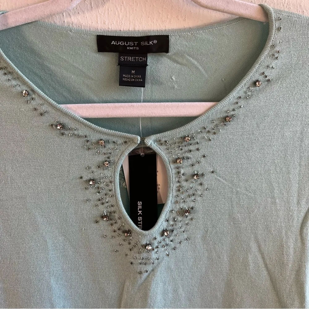 August Silk Top Glazed Green Bejeweled Keyhole Neck Silk Blend Knit Sz M NWT - Image 3
