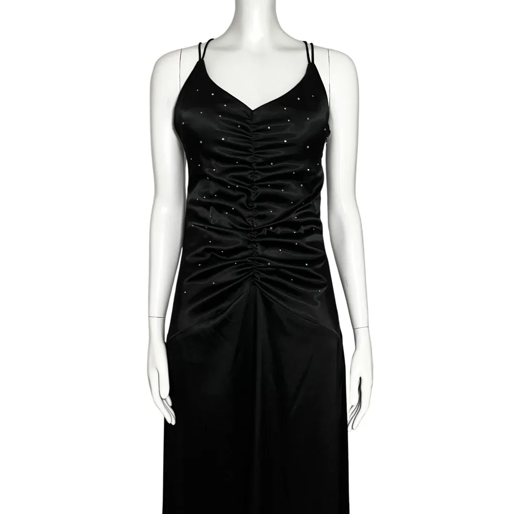 Vintage Y2K Black Trumpet Ruched Formal Long Dress Rhinestones XS/S Prom Glam - Image 8