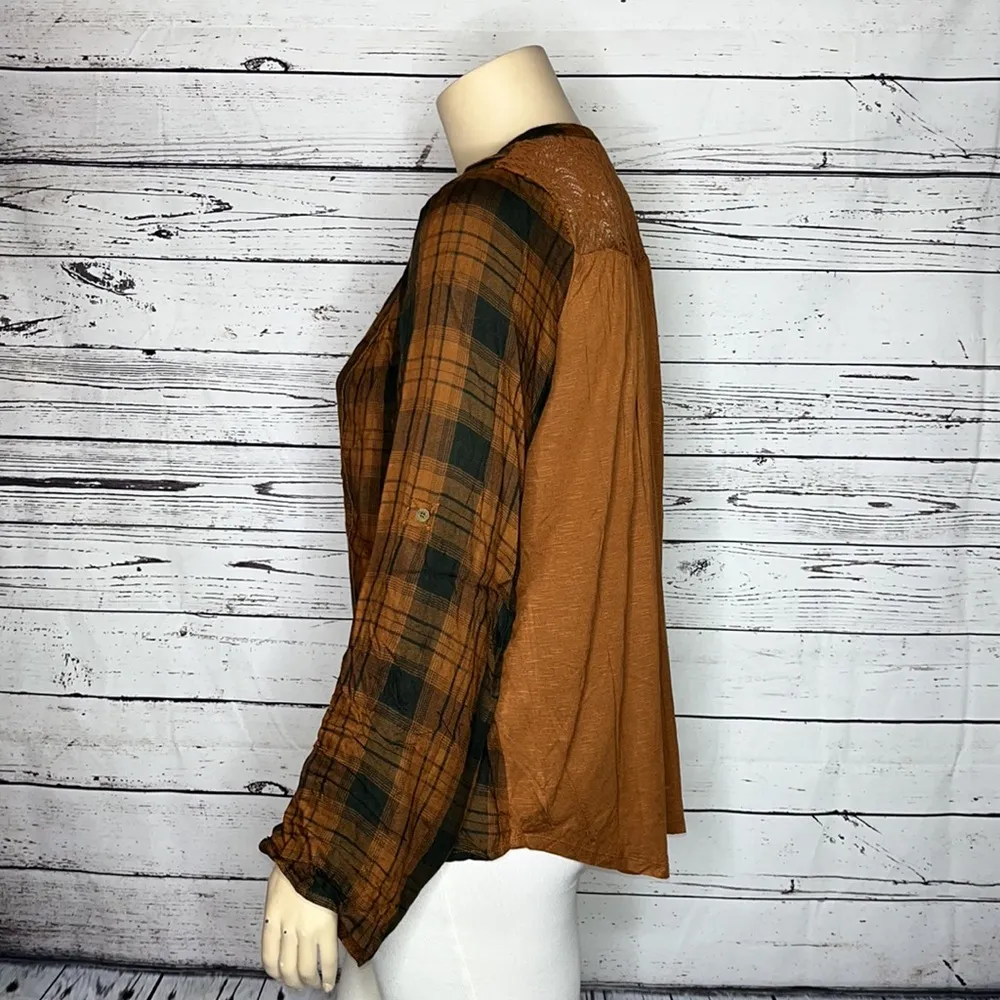 Knox Rose Size XXL Brown & Black Plaid - Brown Floral Lace Button Down Shirt Top - Image 3