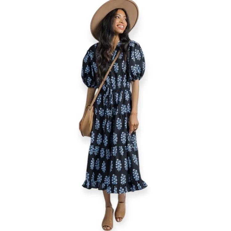 Pinch 100% Cotton Elegant Black Maxi Dress With Blue Stem and Puffy Sleeves Size M - Image 16