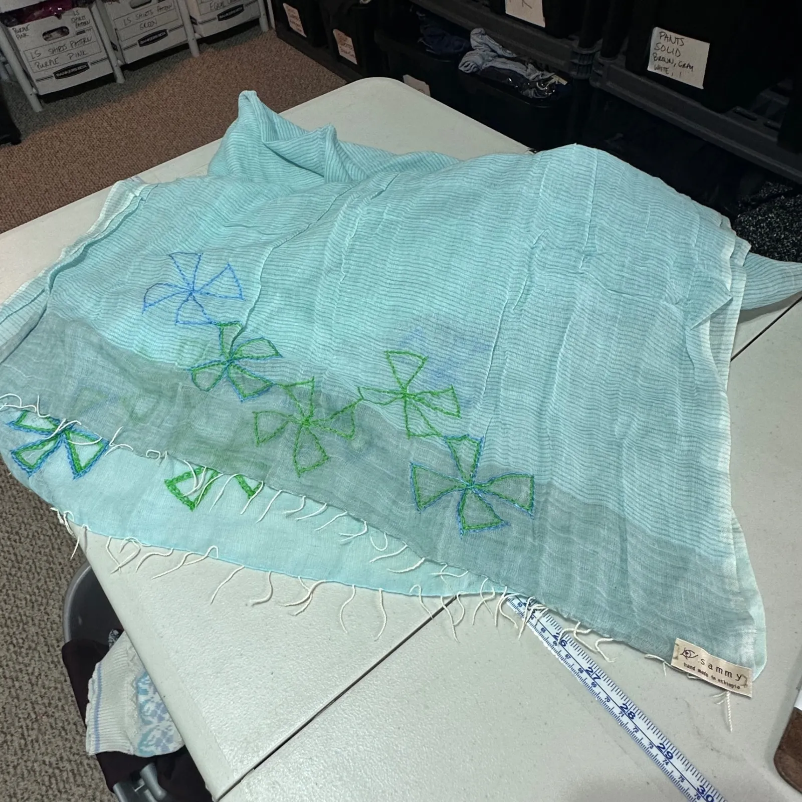 Sammy Hand Made In Ethiopia Light Blue Embroidered Scarf Gauzy Cotton Clovers - Image 6