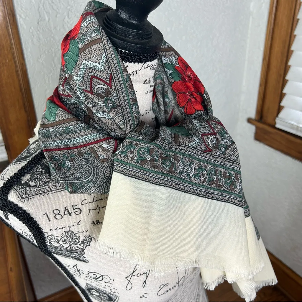 VTG Franco Laurenti Red Rose Design Ivory Italian Scarf Large Square 44”x44” - Image 5