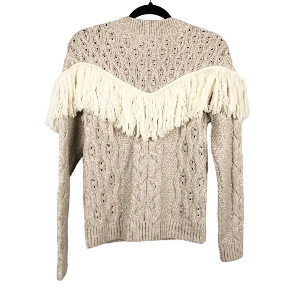 Amur Ulla Women's Size Large White Fringe Tan Cable Knit Wool Sweater - Image 3