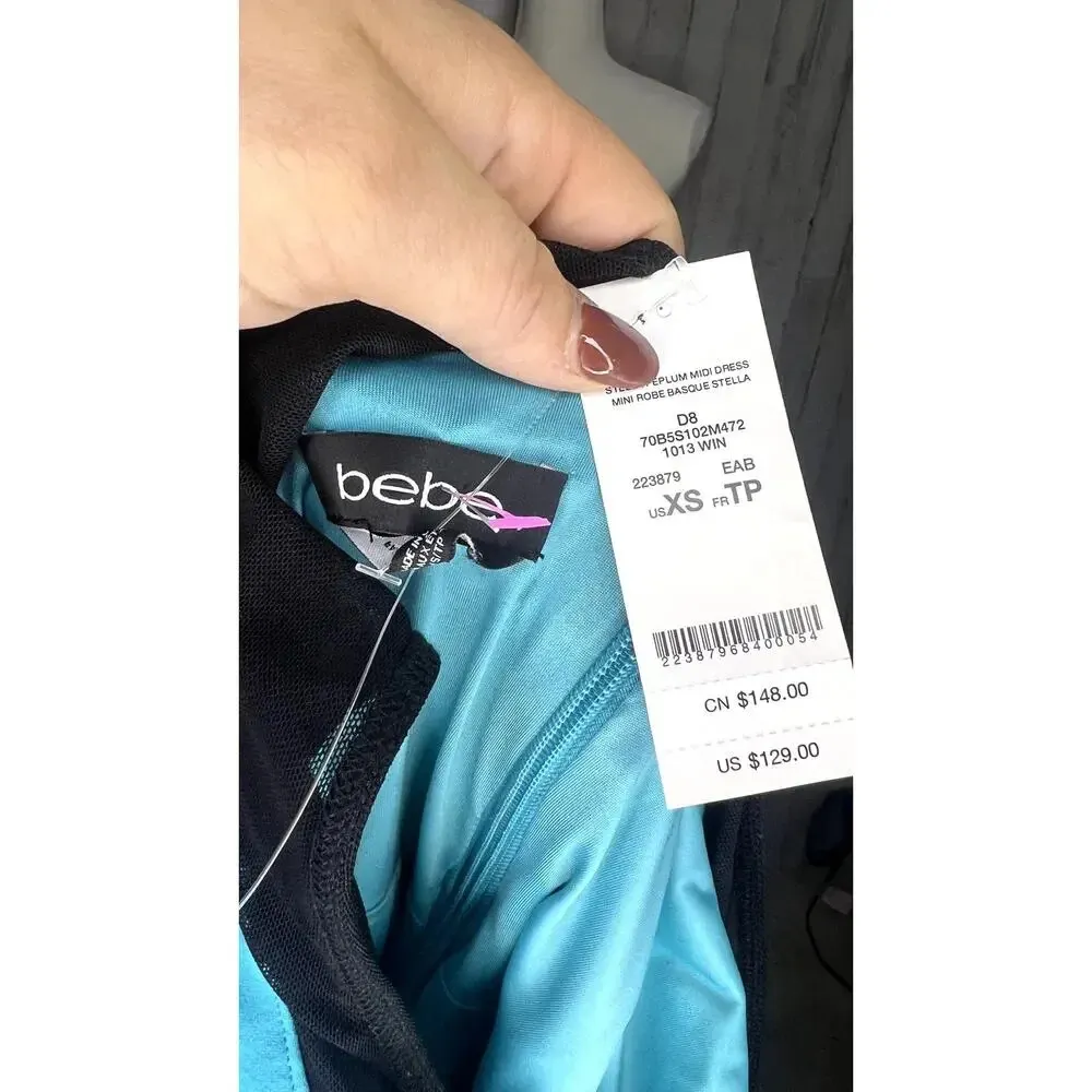 NWT Bebe Blue‎ Mesh Yoke Sleeveless Peplum Midi Dress XS Party Cocktail - Image 6