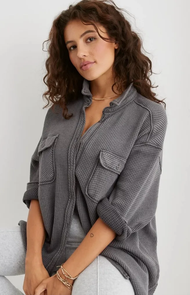Aerie lumberjane waffle knit oversized button up shirt grey size small - Image 1