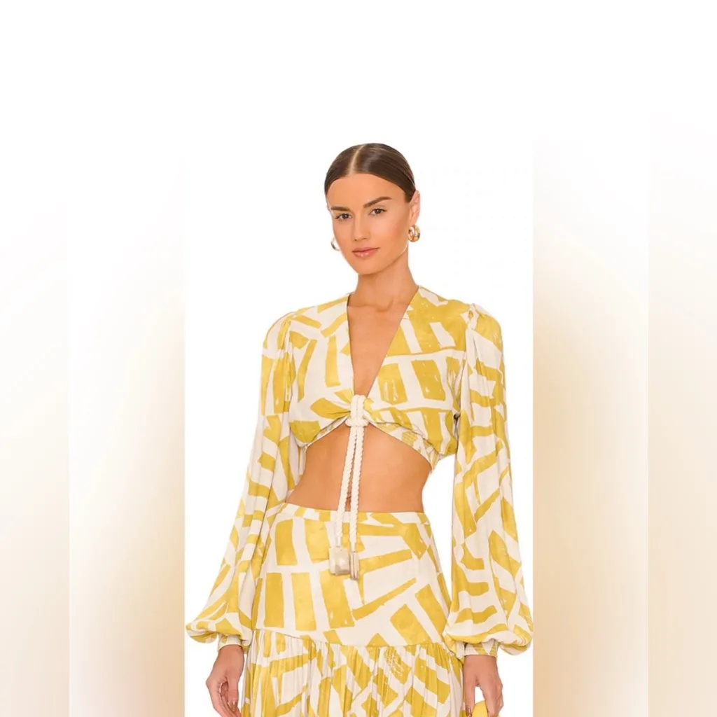 house of harlow 1960 Long Sleeve Linen Crop Top With Tiered Maxi Skirt Set Sz S Yellow - Image 2