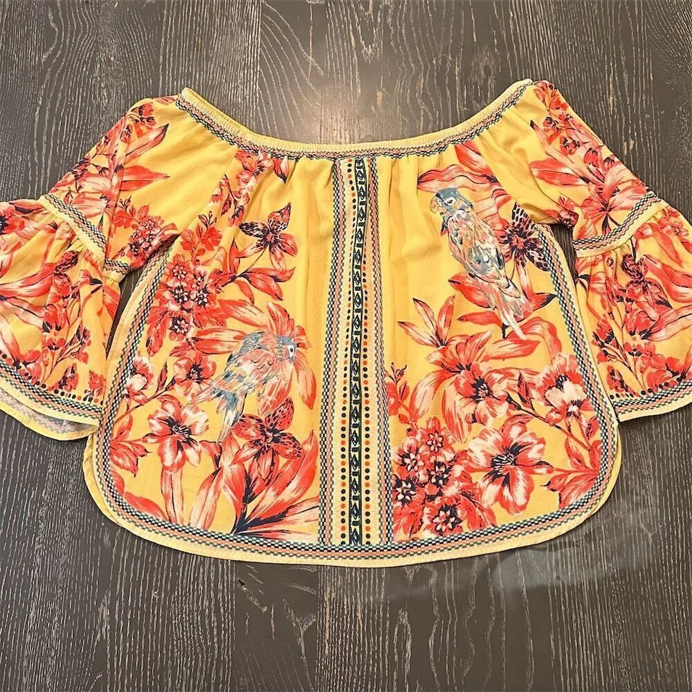 Jealous Tomato Women's Off-Shoulder Yellow Floral Blouse Size L Boho Top - Image 5