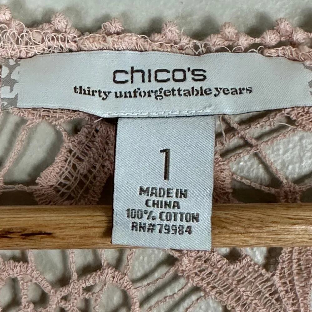 Chico's Cardigan Womens S Pink 100% Cotton Floral Crochet Lace Tie Front Boho - Image 3