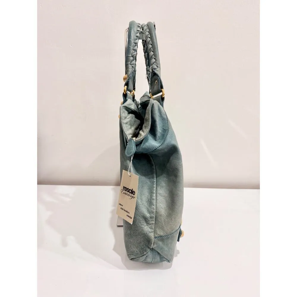 Balenciaga Classic Gold Studs Large Leather Shoulder Handbag Turquoise - Image 4