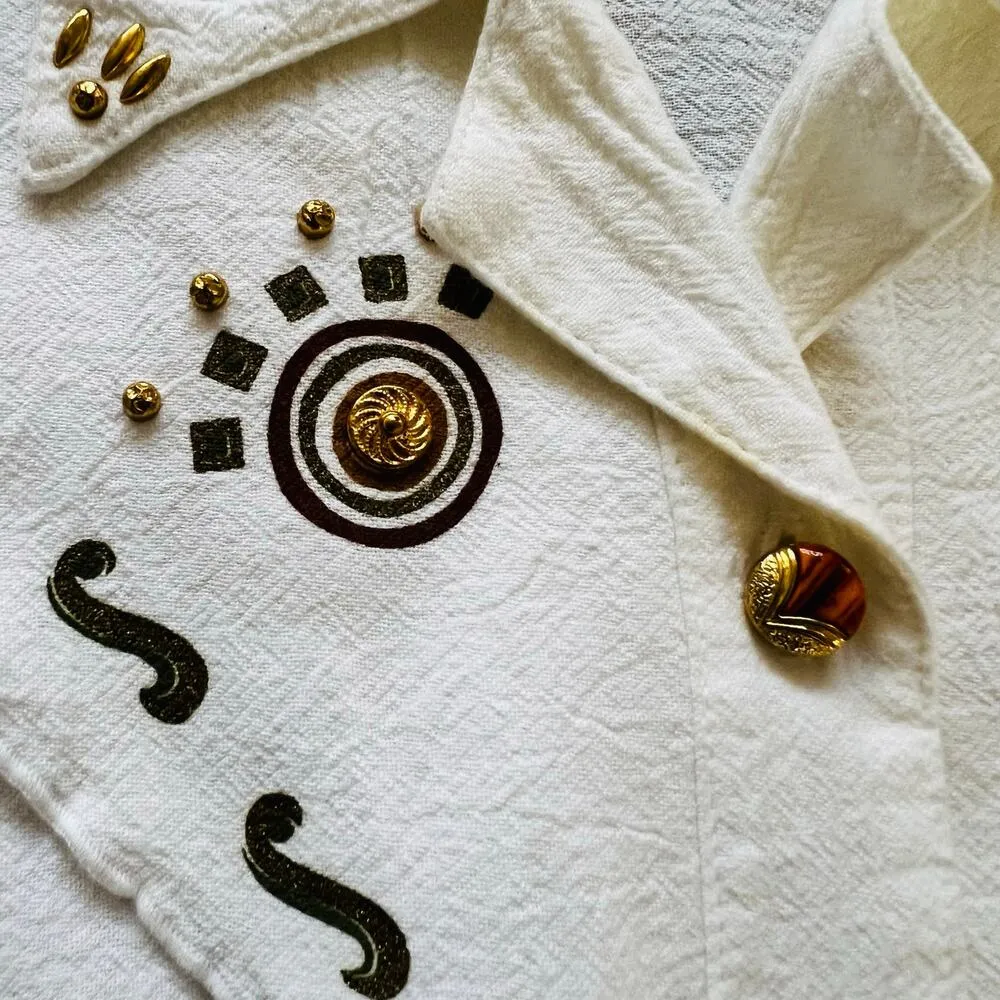 Vintage City Girl 80s 90s Rodeo Glam White Blinged Embellished Cotton Button 10 - Image 3