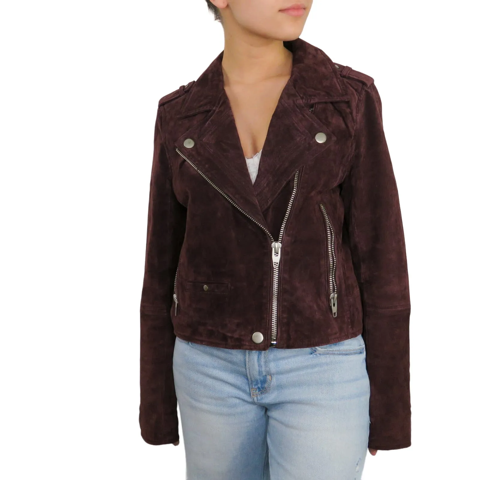 1990s Vintage Plum Purple Suede Genuine Leather Motto Jacket Medium - Image 8