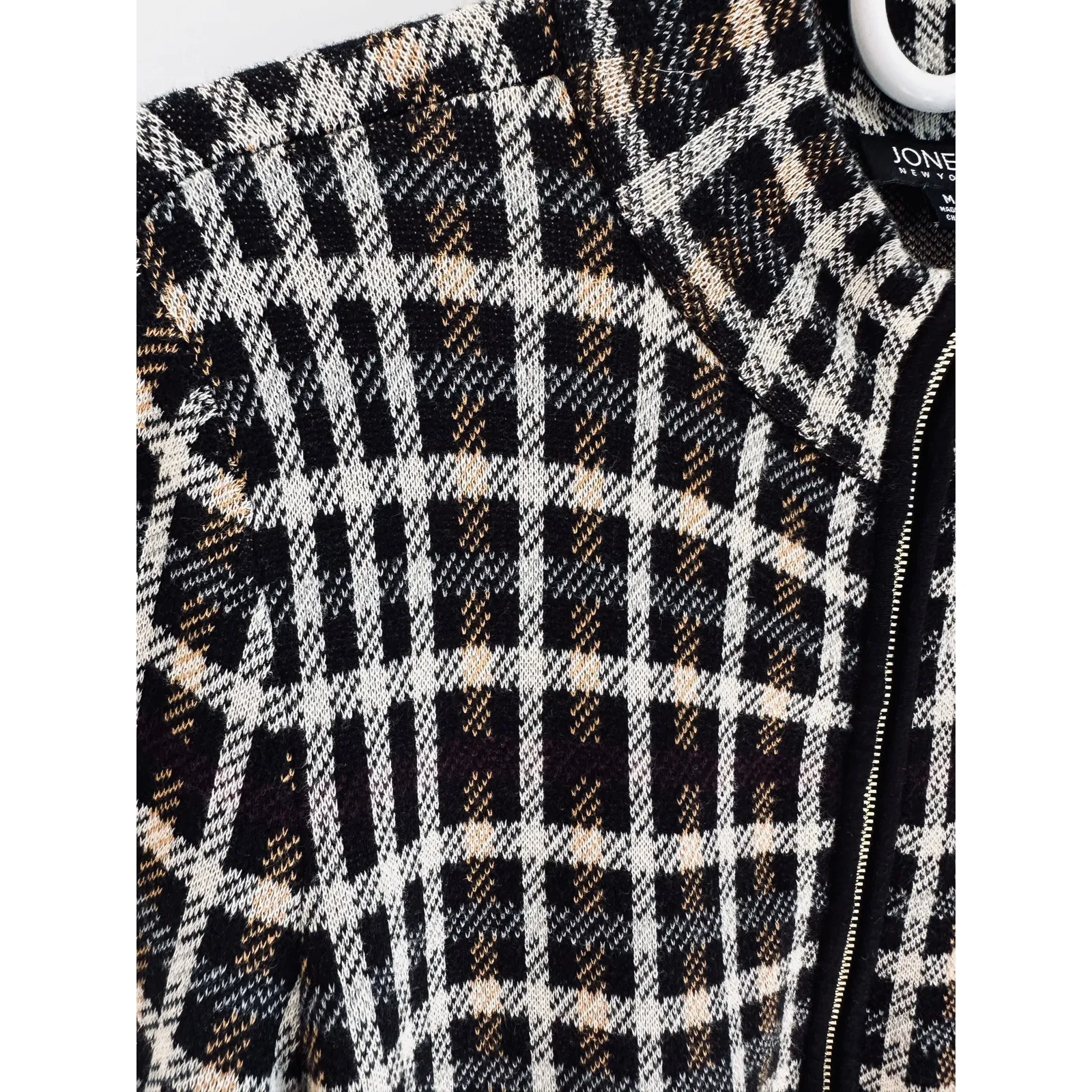 Jones New York Plaid Knit Cardigan Zipper Black Yellow Tartan SZ Med Cotton Twee - Image 4