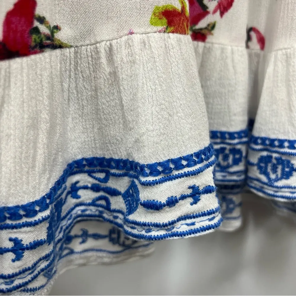 Calessa S Embroidery Split V Neck Tunic Top Floral White Multicolor Boho FLAWED - Image 5