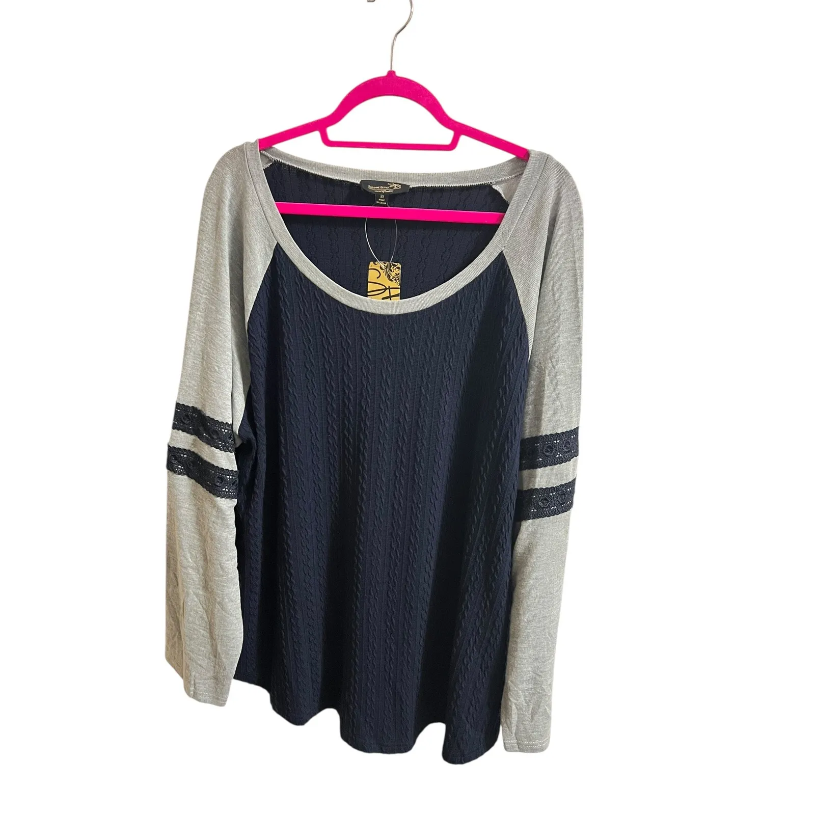 Suzanne Betro Women Blue Raglan Sweater Plus 3X Cable Knit Texture Lace Trim New - Image 3