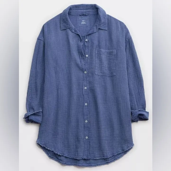 NEW! Aerie Gauzy Cover Up Shirt Blue Button Up Oversized Frayed Size XS - Image 4