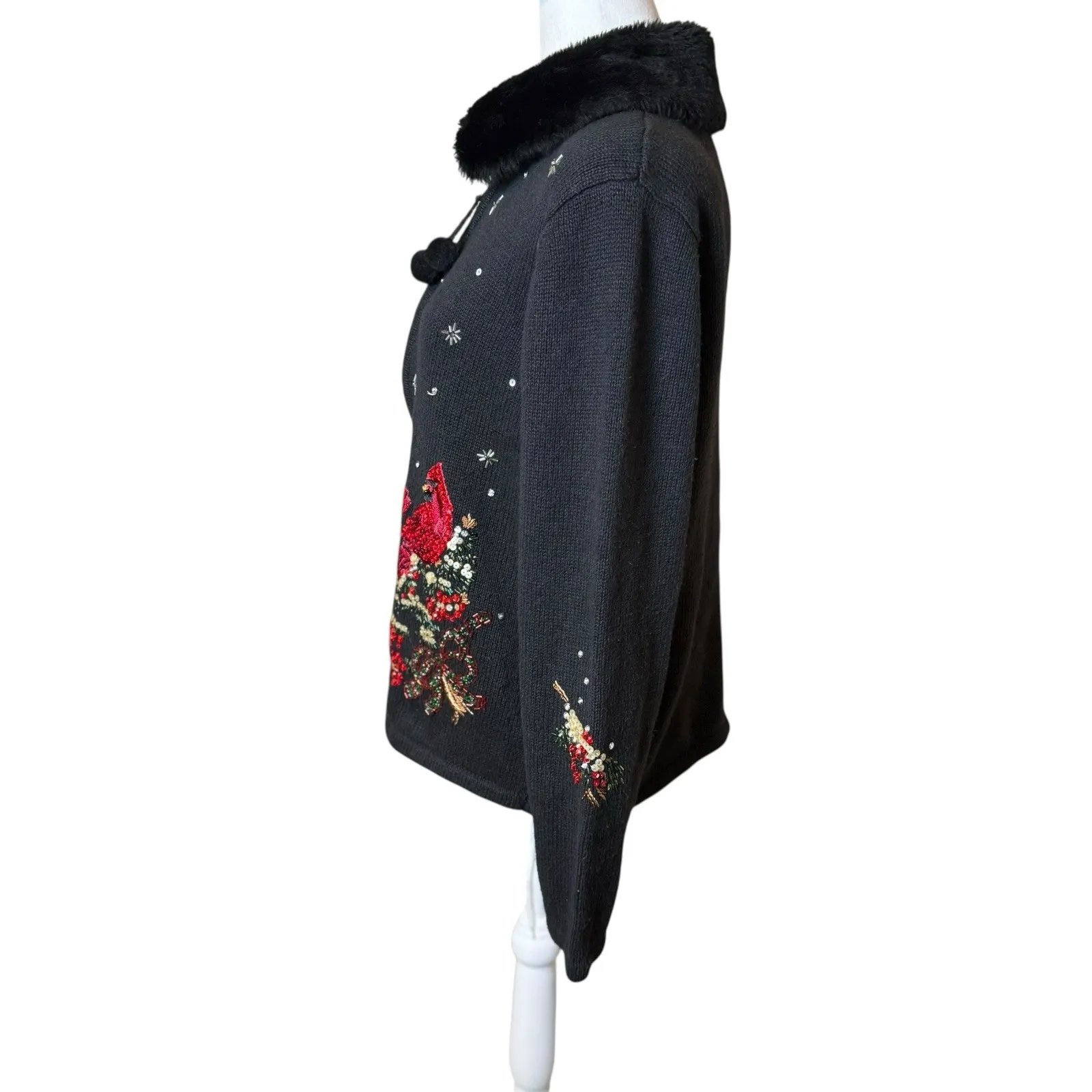 Carly St Claire Cardinal Sweater Red Birds Medium Sequins Beads Faux Fur Collar Black - Image 6