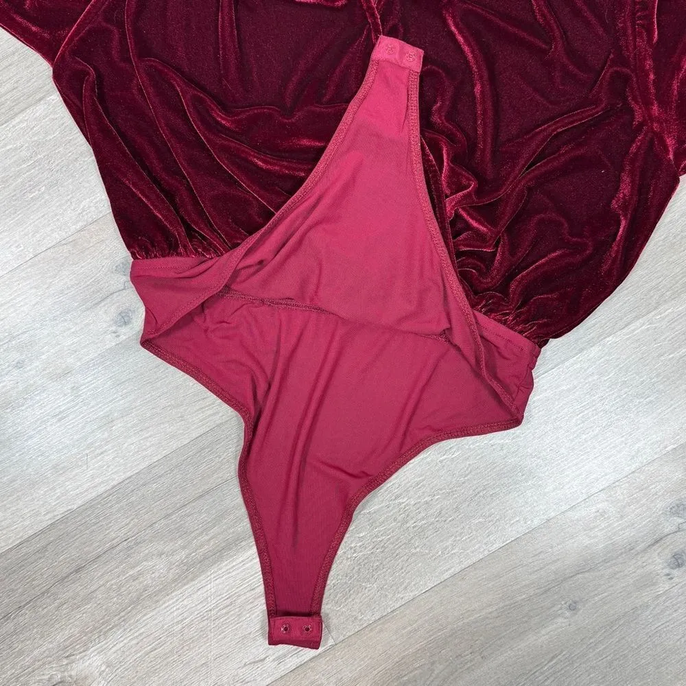 Flying Tomato Velvet V Neck Bishop Sleeve Bodysuit Cherry MaroonRuby Red Small - Image 10