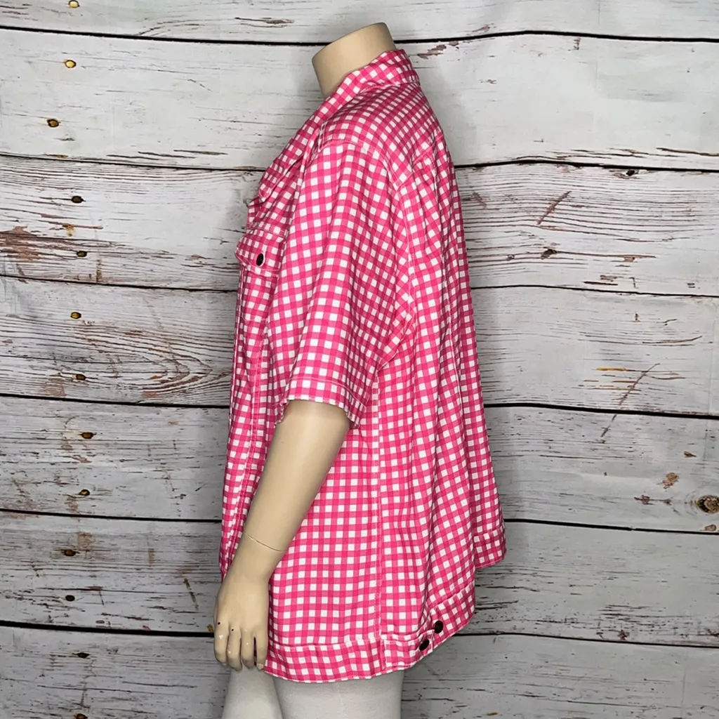 Woman Within Size 34W Pink & White Gingham Check Button Down Jean Jacket - Image 3