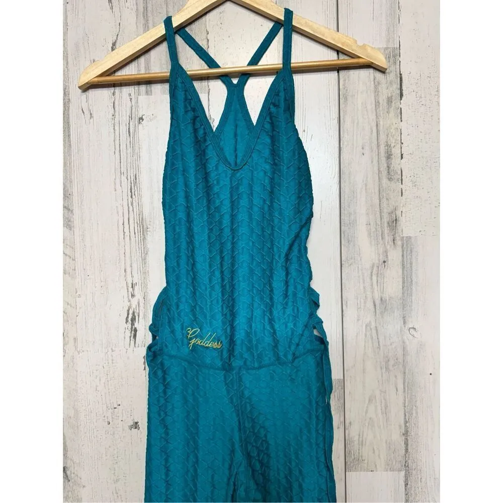 Teal Textured One-Piece Jumpsuit with Crisscross sides - Scrunch Leggings size s - Image 2