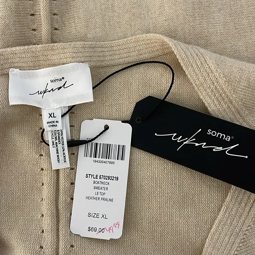 Soma Wknd Tan Boatneck Cropped Sweater Size XL NWT - Image 5