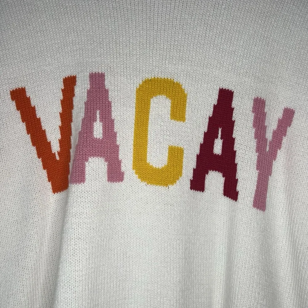 Show me your Mumu Sweater White Cropped Knit Vacay Varsity Crop Graphic Colorful - Image 4