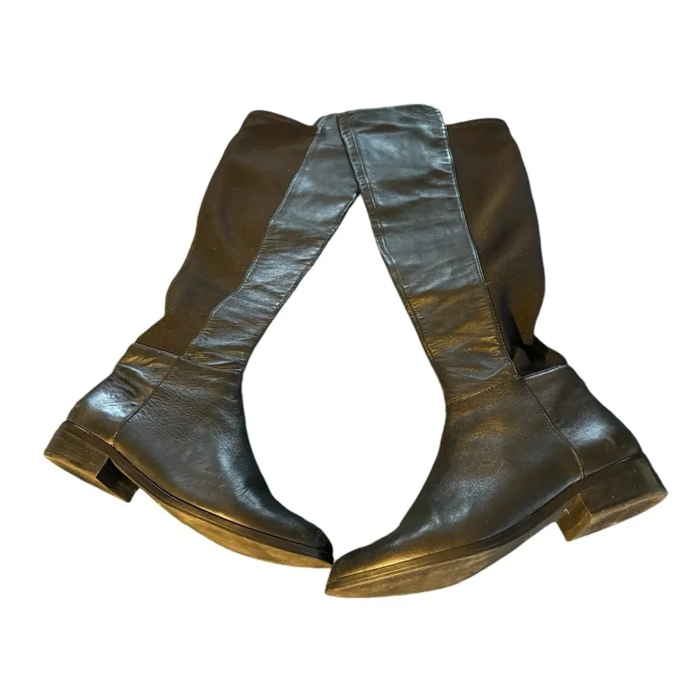 MK MICHAEL KORS BROMLEY BLACK Leather Stretch Knit Knee High Boots Sz 6 Side Zip - Image 5