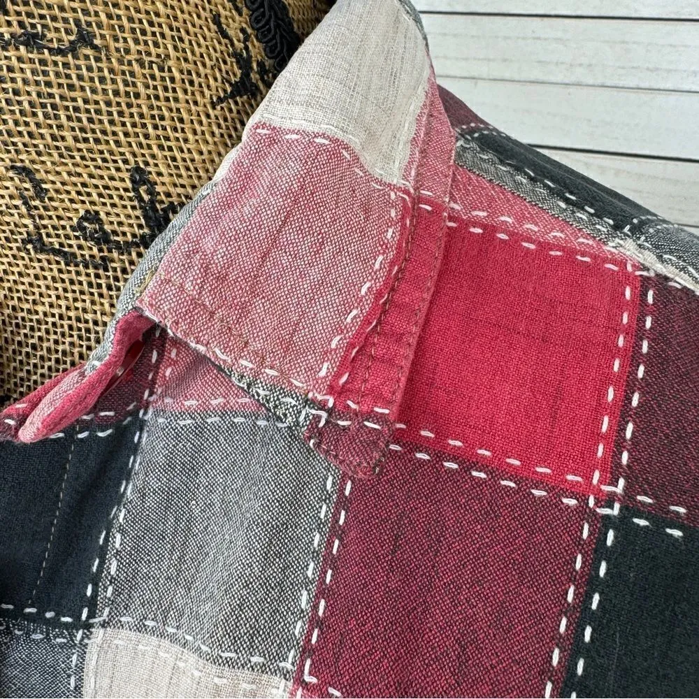 Casey & Max Embroidered Leaves Patchwork Buffalo Check Button Front Shirt Medium Red - Image 7