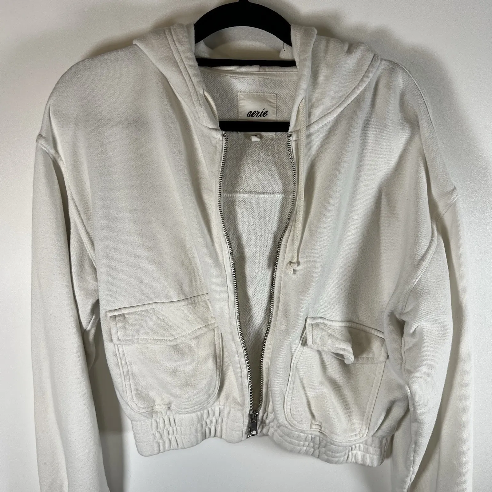 Aerie Womens Cropped Hoodie Sweatshirt Full Zip Pockets‎ Size Medium White - Image 4