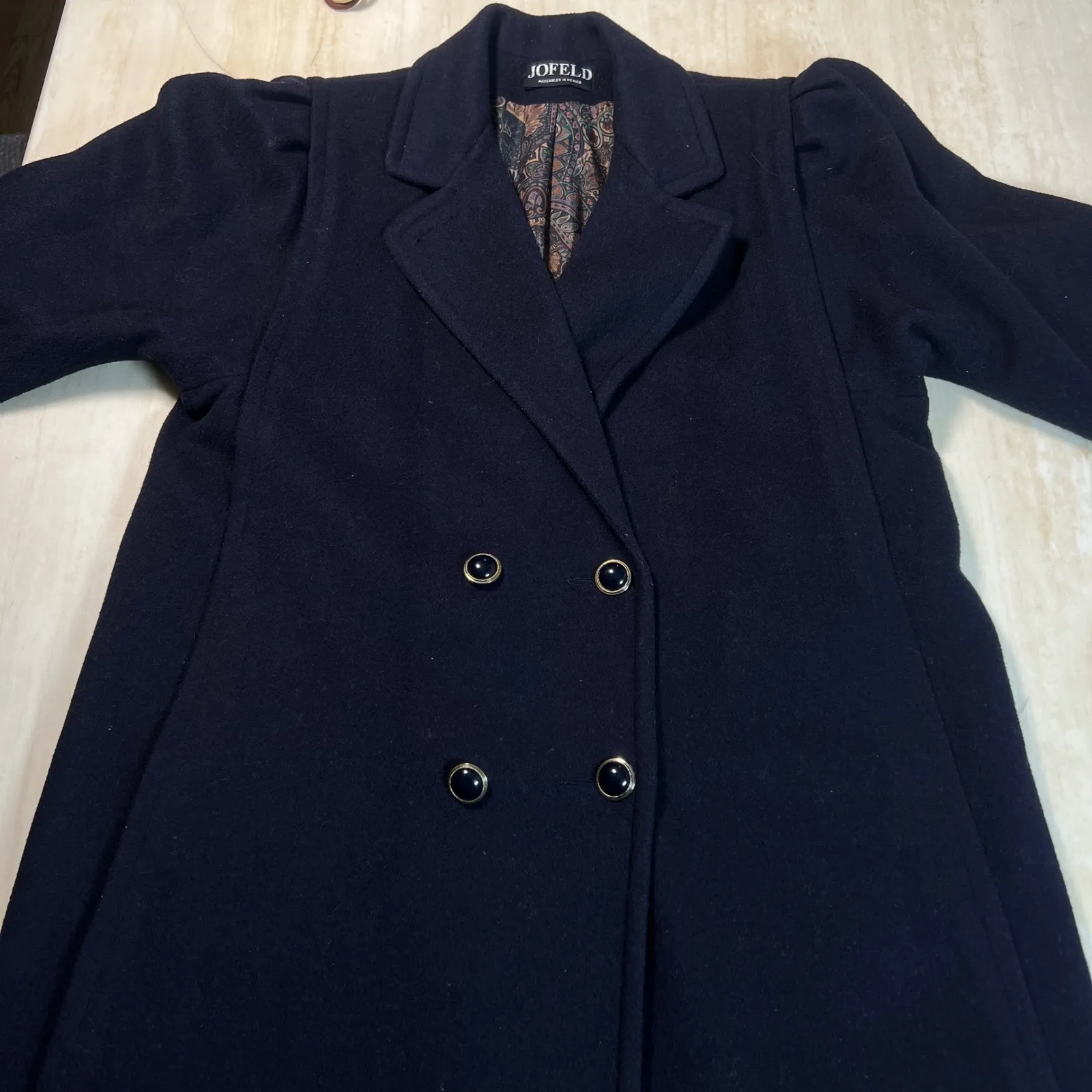 Jofeld Forstmann Wool Blend Double Breasted Long Coat Navy Blue XL - Image 11