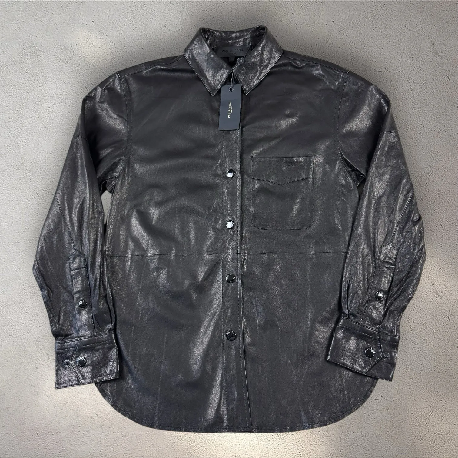 Rag‎ & Bone Jack Leather Button Down Shirt Blouse Shacket Black Sz M NWT $795 - Image 3